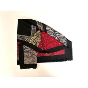 Express Vintage Scarf Square Paisley Red Blue Pattern Black Fringe Border 34x34